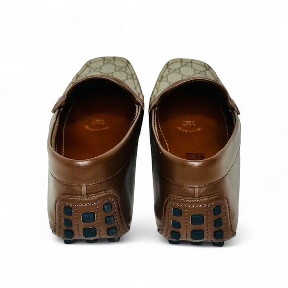 NIB Gucci Men Loafer 8.5 US 9 Brown GG Supreme Canvas Leather Driver Moccasins - Picture 7 of 12